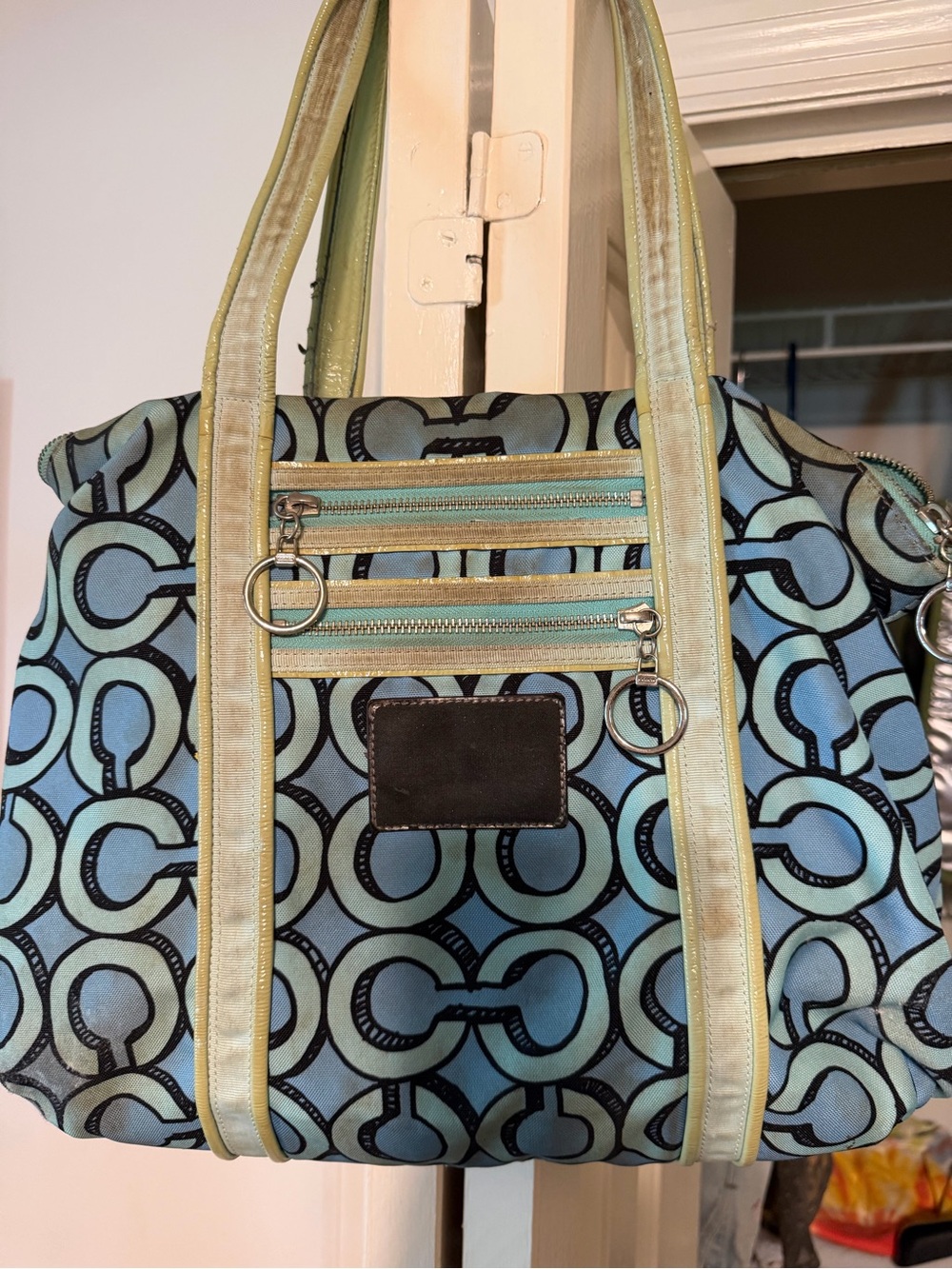 Coach Poppy Light Blue Patterned Women's Tote with Dual Zipper Pockets